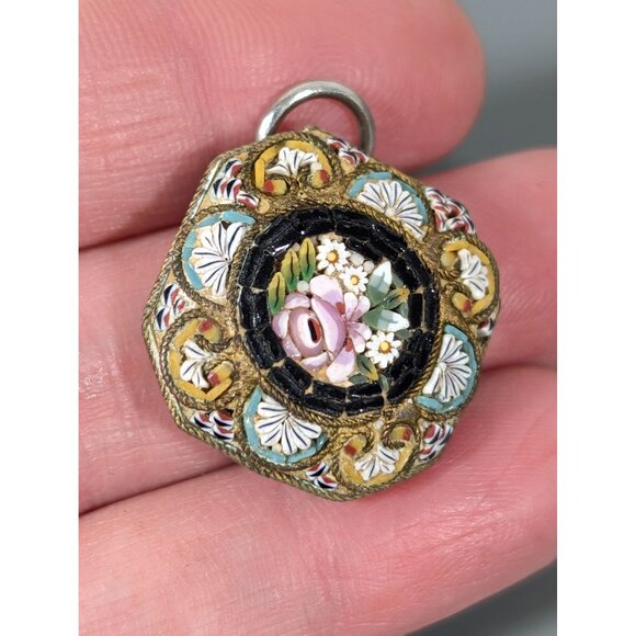 Vintage Italian Micro Mosaic Pendant Pink Rose Flower Square Brass Daisy - Picture 9 of 11